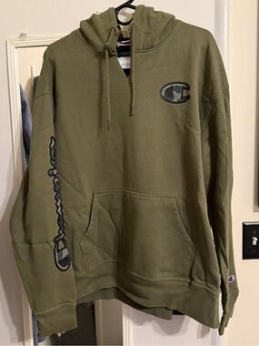 Champion Olive Hoodie with Scripted Sleeve and Logo